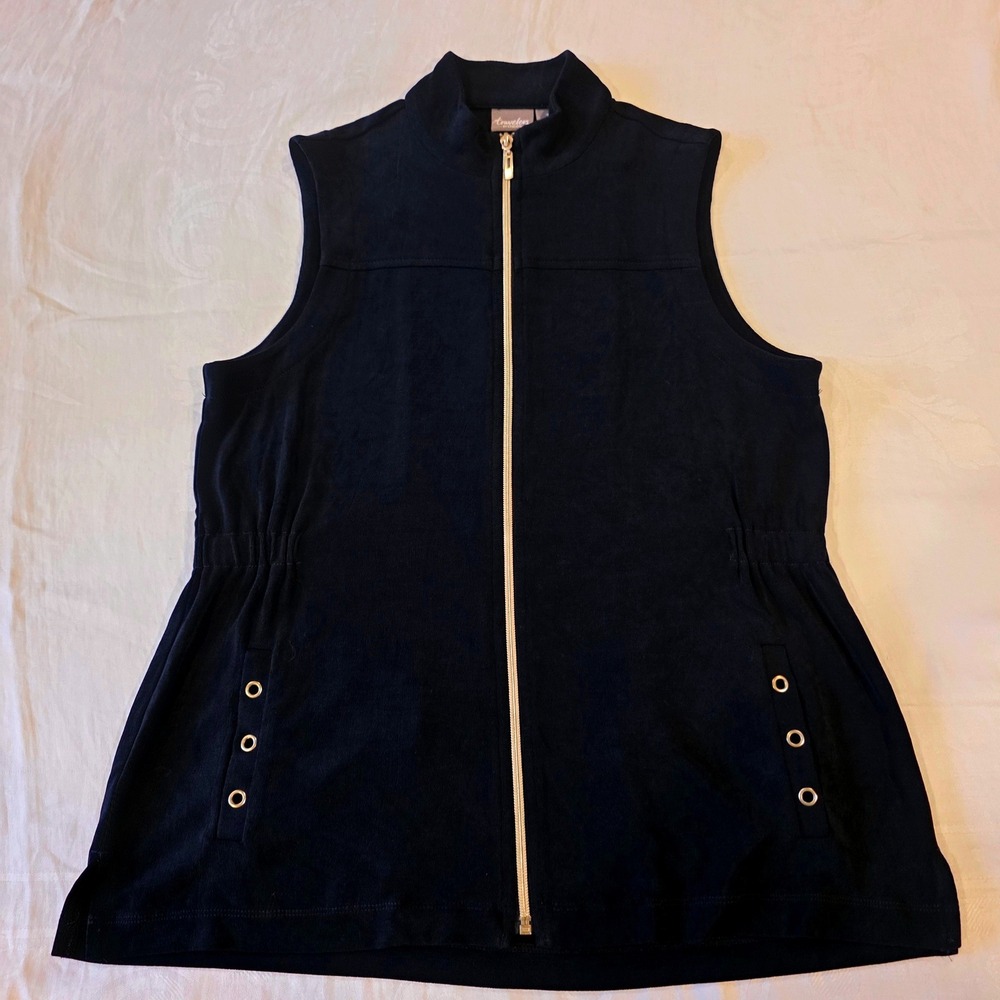 Chicos Travelers Black Zip Up Vest Mock Neck Grommet Pockets Size 1 Medium